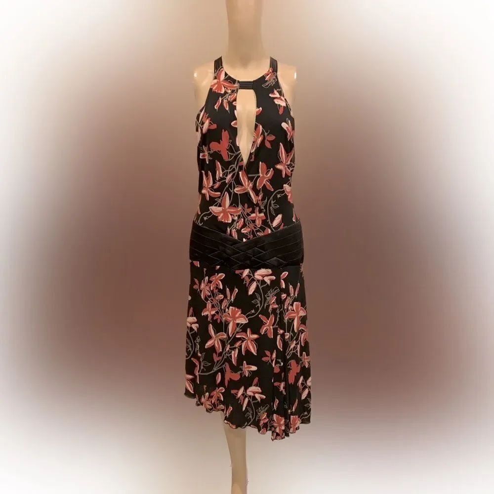 BEBE Black Red floral print halter deep v neck hi lo sleeveless Sz M